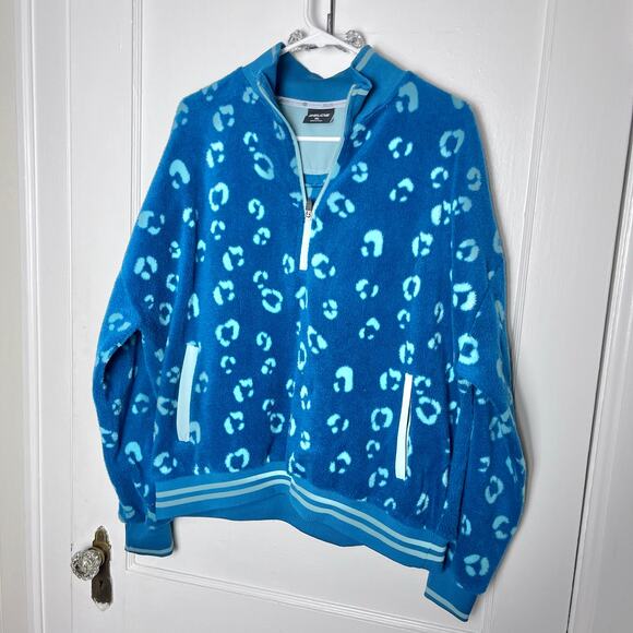 ZELOS Women's Blue Baggy Fleece Leopard Print Half Zip Pullover Jacket Size XL - Picture 1 of 7